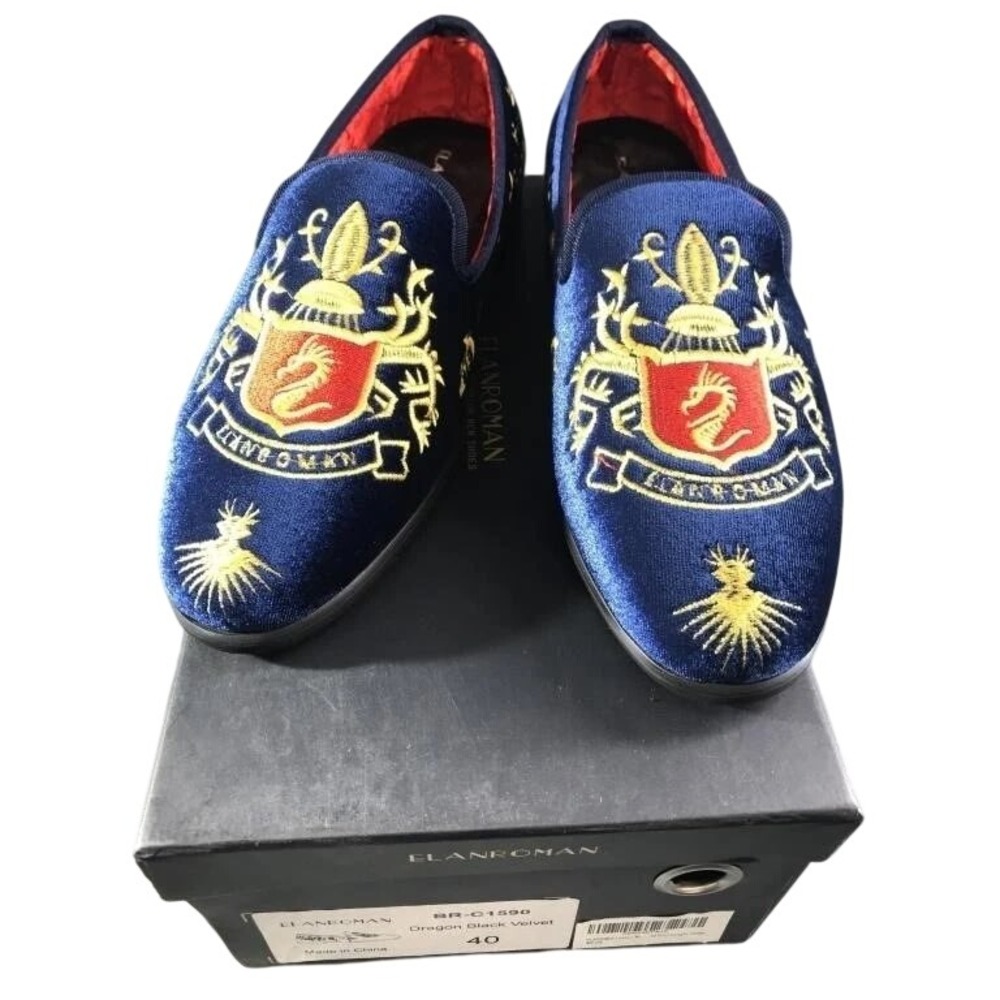 ElanRoman Velvet Loafers Navy Blue Gold Dragon Crest Embroidered Shoes 40 US 7.5